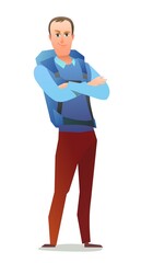 Man tourist backpacker. Guy with backpack on his back. Cheerful person. Standing pose. Cartoon comic style flat design. Single character. Illustration isolated on white background. Vector