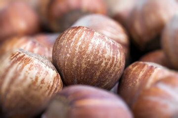 whole hazelnuts on a wooden table,in shell