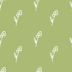 Seamless vector pattern with Christmas botanicals in white line on sage green background.Winter,floral,holiday print in doodle style hand drawn.Designs for textile,wrapping paper,fabric,scrapbooking.