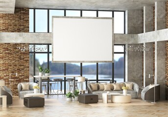 3D illustration Mockup photo frame in living room rendering