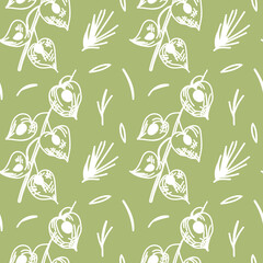 Seamless vector pattern with Christmas botanicals in white line on sage green background.Winter,floral,holiday print in doodle style hand drawn.Designs for textile,wrapping paper,fabric,scrapbooking.