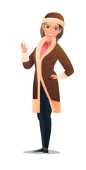 Woman in winter clothes. Sheepskin coat and warm hat. Girl in winter. Cheerful person. Standing pose. Cartoon comic style flat design. Single character. Illustration isolated background. Vector