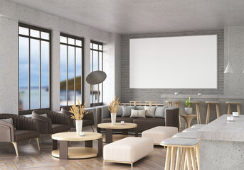 3D illustration Mockup photo frame in lounge rendering