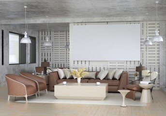 3D illustration Mockup photo frame in living room rendering