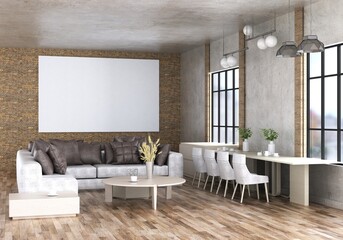 3D illustration Mockup photo frame in lounge rendering