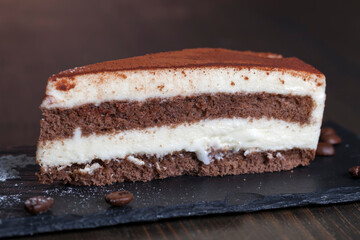 chocolate cake with cream layers, close up