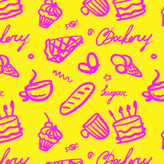 Pink lined dessert vector pattern. Pink cupcake, pretzel, ice cream,  cake, pie, candies, sugar, bakery lettering. Food elements banner, poster. Birthday pattern, postcard. Doodle. Sweets.