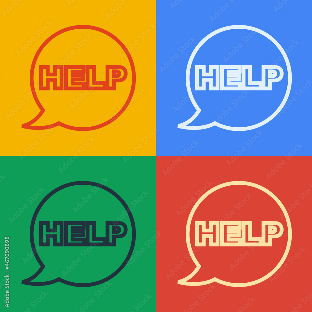 Poster pop art line speech bubble with text help icon isolated on color background. vector