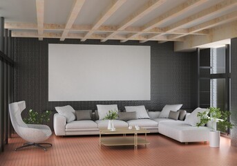 3D illustration Mockup photo frame in lounge rendering