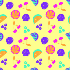 Cartoon funny style fruits vector pattern on the light yellow background. Pink lemon, purple cherries, yellow strawberries, watermelon, pink blueberries. Colorful funky illustration.