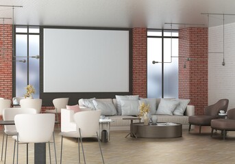 3D illustration Mockup photo frame in lounge rendering