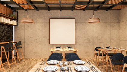 3D illustration Mockup photo frame in restaurant, rendering