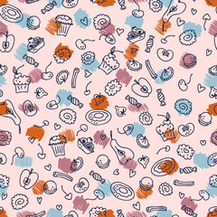 Fototapeta premium Hand drawn bakery seamless pattern background. Perfect for scrapbooking, textile and prints. Hand drawn vector illustration for decor and design. 