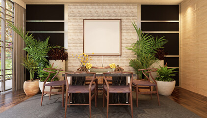 3D illustration Mockup photo frame in restaurant, rendering