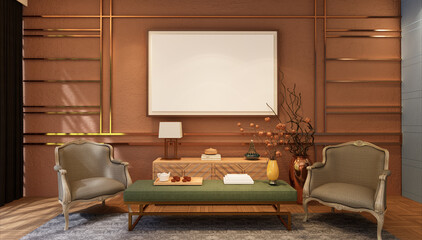 3D illustration Mockup photo frame in restaurant, rendering