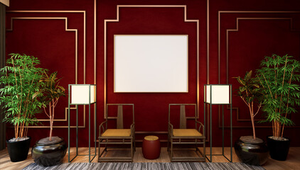 3D illustration Mockup photo frame in restaurant, rendering