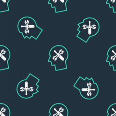 Line Human head with with screwdriver and wrench icon isolated seamless pattern on black background. Artificial intelligence. Symbol work of brain. Vector