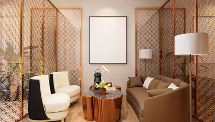 3D illustration Mockup photo frame in restaurant, rendering