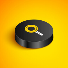 Isometric line Frying pan icon isolated on yellow background. Fry or roast food symbol. Black circle button. Vector