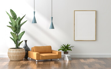 3D illustration Mockup photo frame in living room rendering