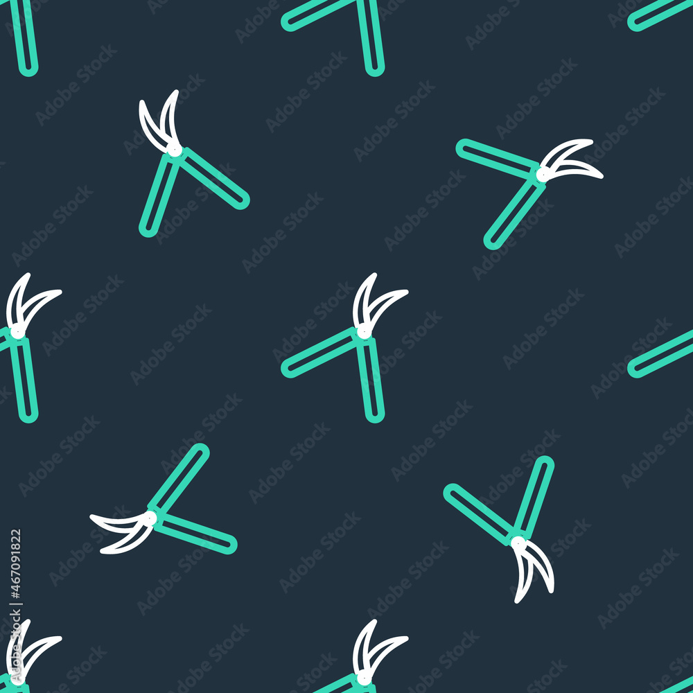 Poster line gardening handmade scissors for trimming icon isolated seamless pattern on black background. pr