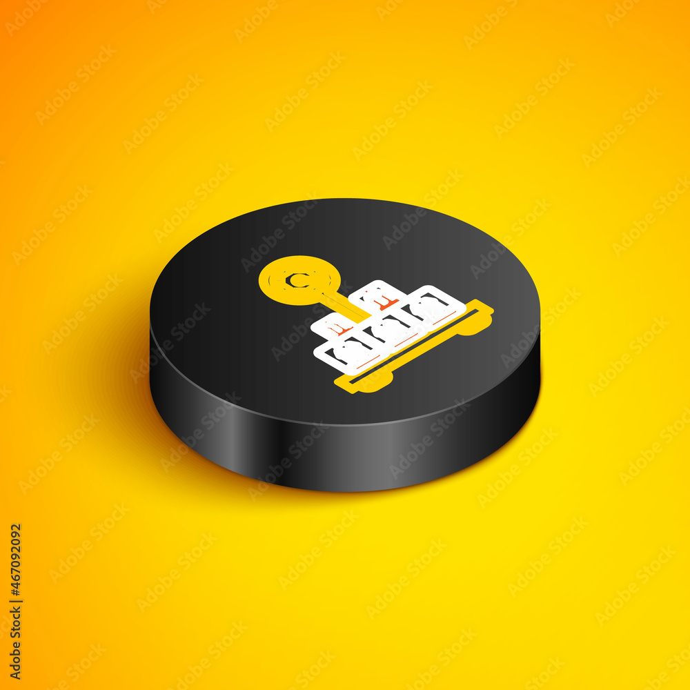 Poster Isometric line Scale with cardboard box icon isolated on yellow background. Logistic and delivery. Weight of delivery package on a scale. Black circle button. Vector