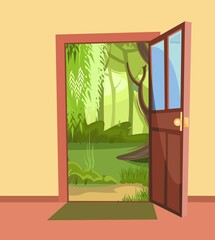 Opened door. From inside of room at home. Summer Pretty landscape view. Yellow wall. Way is open. Cartoon cute fairy tale design. Image background. Vector