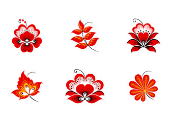 set of flowers, russian pattern, ornament, khokhloma, slavic painting, abstract floral heart