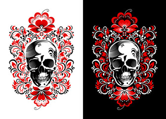 skull with wings, russian pattern, ornament, khokhloma, slavic painting