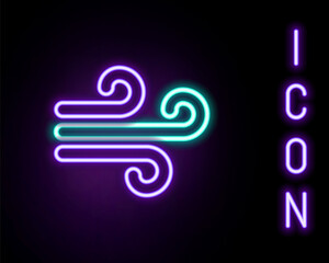 Glowing neon line Wind icon isolated on black background. Windy weather. Colorful outline concept. Vector