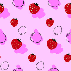 Bright cartoon style strawberry vector pattern on the pink background. Wild berries. Black, berry contours. Natural pink colored strawberries. Fresh and tasty. Sweet fruits pattern. Pink abstract.