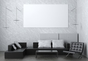 3D illustration, Mockup photo frame on the wall of living room, Interior of comfortable with luxury sofa and beautiful furniture  in black and white tone, rendering