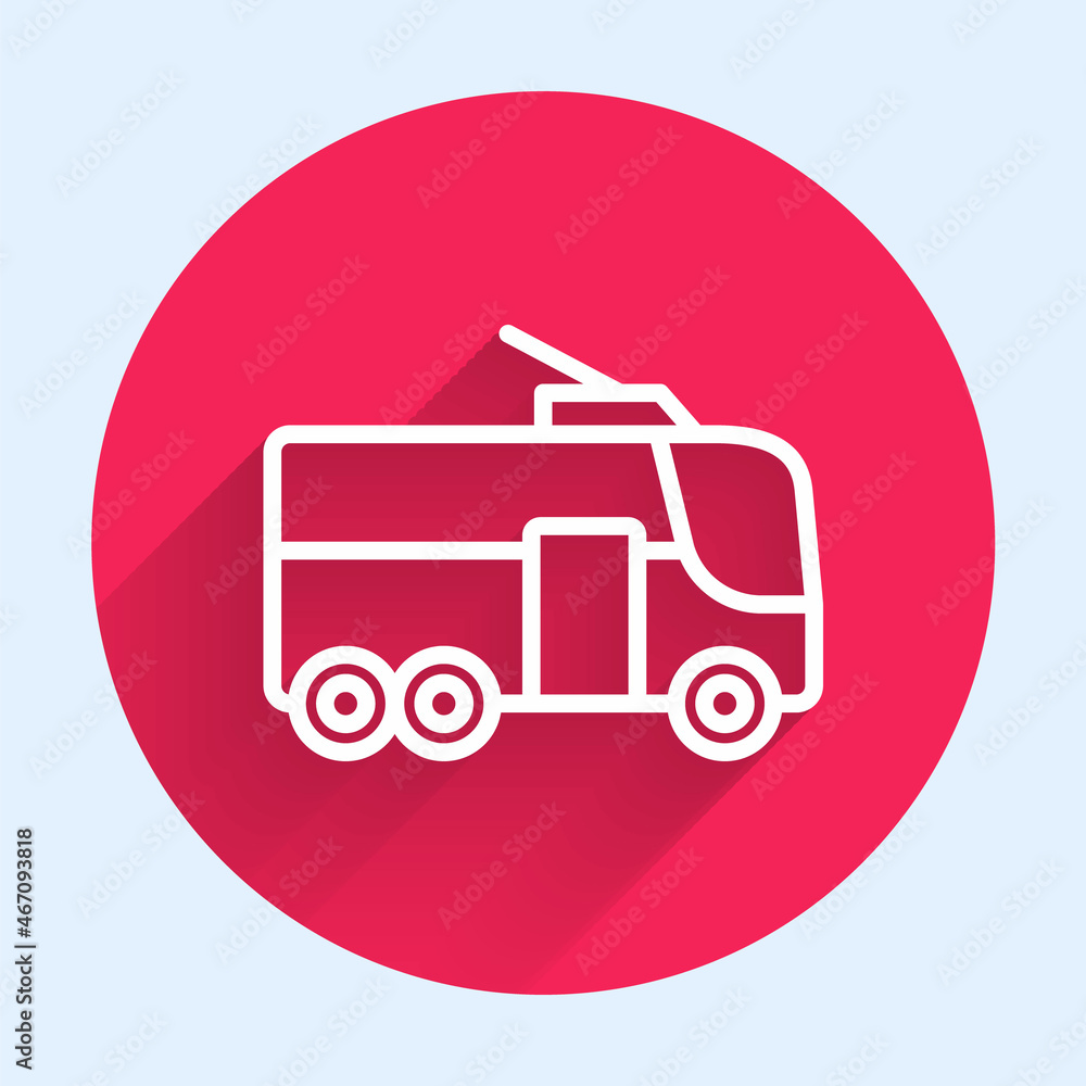 Poster white line trolleybus icon isolated with long shadow background. public transportation symbol. red c