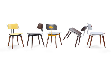 Single chair at different angles on a white background . 