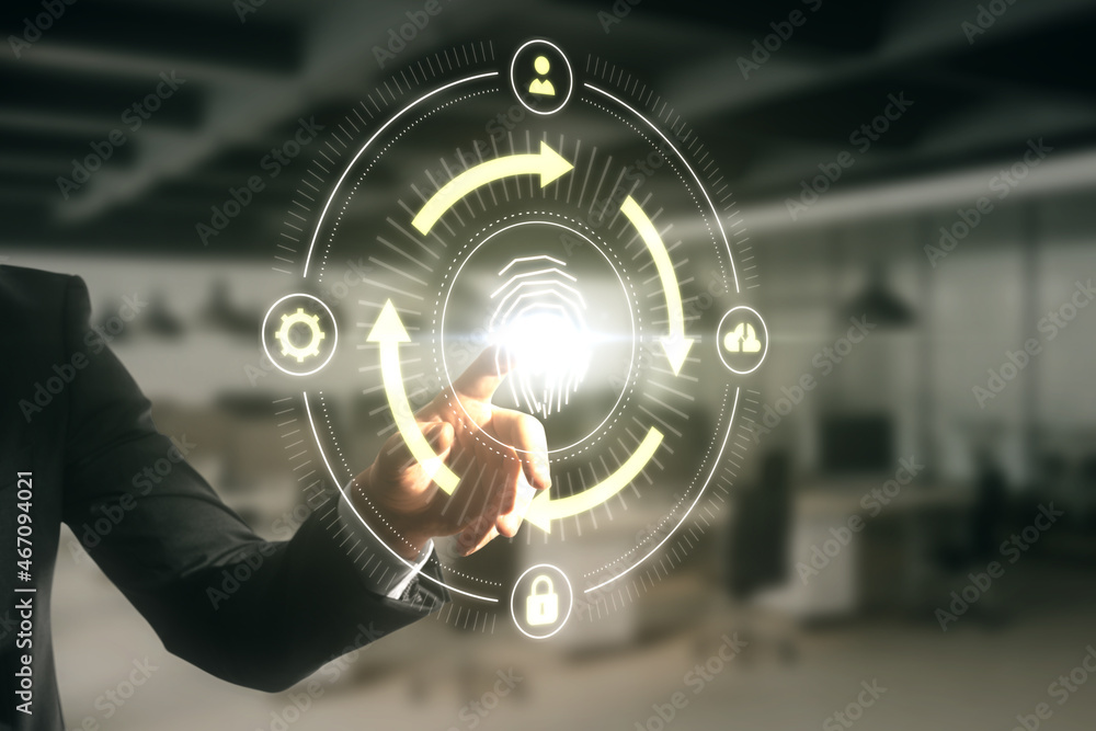 Poster Close up of man hand pointing at abstract glowing fingerprint id scanning interface on blurry office background. Biometrics and safety concept. Double exposure.