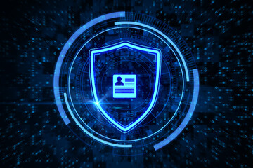 Abstract glowing shield with document icon on dark binary code background. Digital transformation and security concept. 3D Rendering.