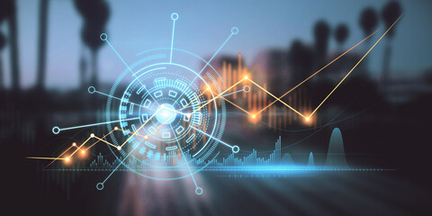 Creative glowing business graph on blurry night city background. Innovation, information and statistics concept. Double exposure.