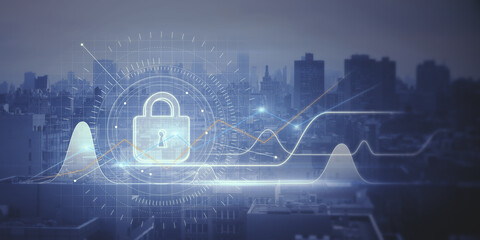 Abstract business chart with padlock interface glowing on blurry city background. Investment, stock, safety and account protection concept. Double exposure.