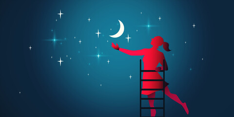 Obraz premium Abstract digital image of girl on staircase touching moon and stars. Dream big and daydreaming concept. 3D Rendering.