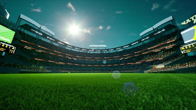 empty stadium arena with animated fans crowd in the sunny day lights. waving flags around. High quality 4k footage render