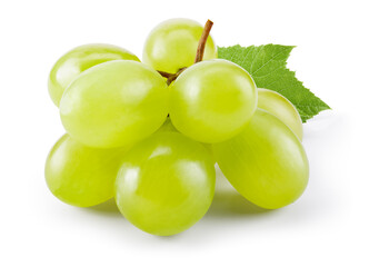 Green grape isolated on white. Fresh green grape with leaves. With clipping path. Full depth of field.