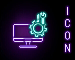 Fototapeta na wymiar Glowing neon line Computer monitor with screwdriver and wrench icon isolated on black background. Adjusting, service, setting, maintenance, repair. Colorful outline concept. Vector