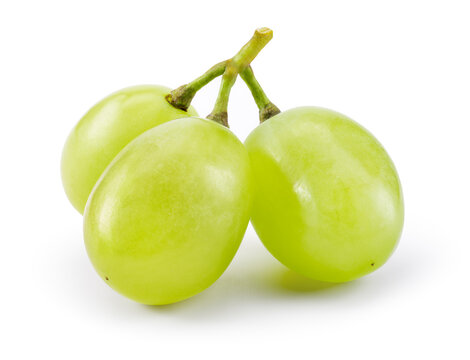 Green grape isolated on white. Three grape berries on branch. Clipping path. Full depth of field.