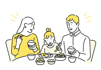 家族団らんで食卓を囲んでご飯を食べるイメージイラスト素材