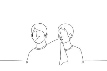 man bites his friend's t-shirt - one line drawing vector. concept of playful man stands behind another man and clenched his teeth t-shirt