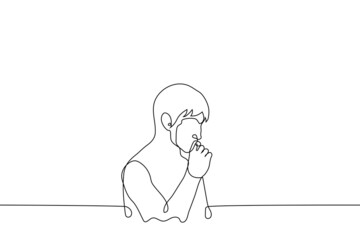 man thoughtful putting bent index finger to his lips, he frowned - one line drawing vector