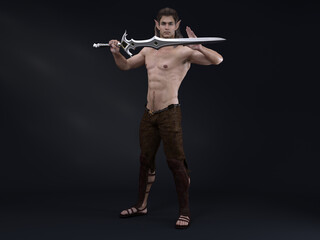 3D Rendering : A portrait of the elf male character standing in the white background ,isolated image of male elf  with the sword in his hand
