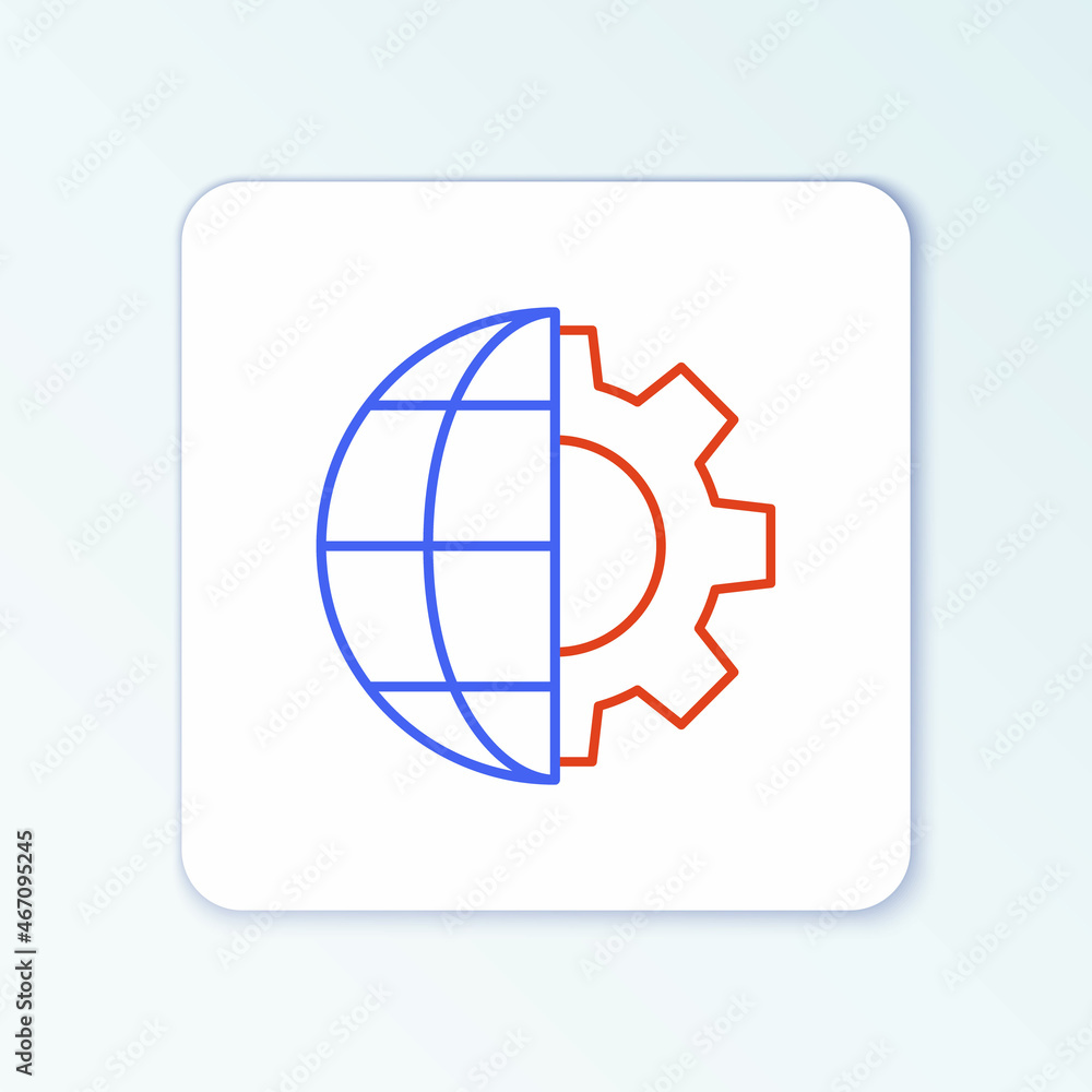 Poster line globe of the earth and gear or cog icon isolated on white background. setting parameters. globa
