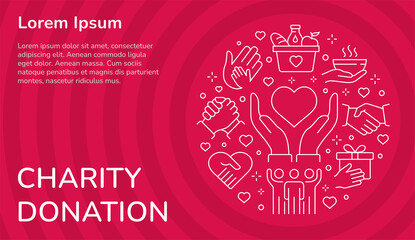 Vector banner templates with charity icons. Set of donate, volunteer, human and more.