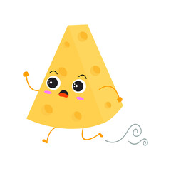 Kawaii cartoon of triangular cheese slice. Character of cute sliced cheese. chibi mascot. Illustration emoji cheese in flat style. panic run